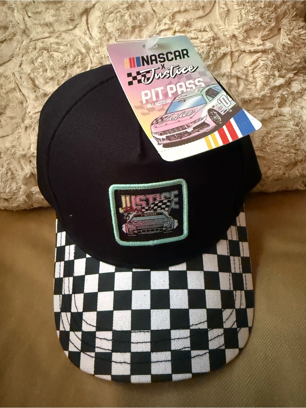 Nascar Kids Black Cap with Checkered Brim and Mint Patch